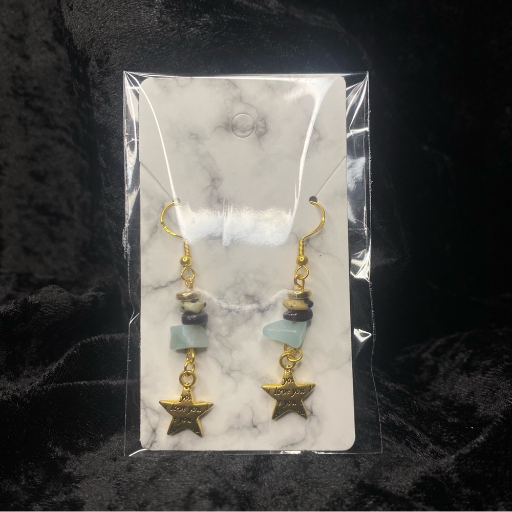 Gold Star Dangle Earrings with Blue Accents